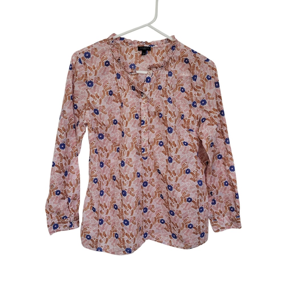 Talbots‎ Petite Large Pink Blue Floral Cotton Henley Blouse Ruffle Neck Top